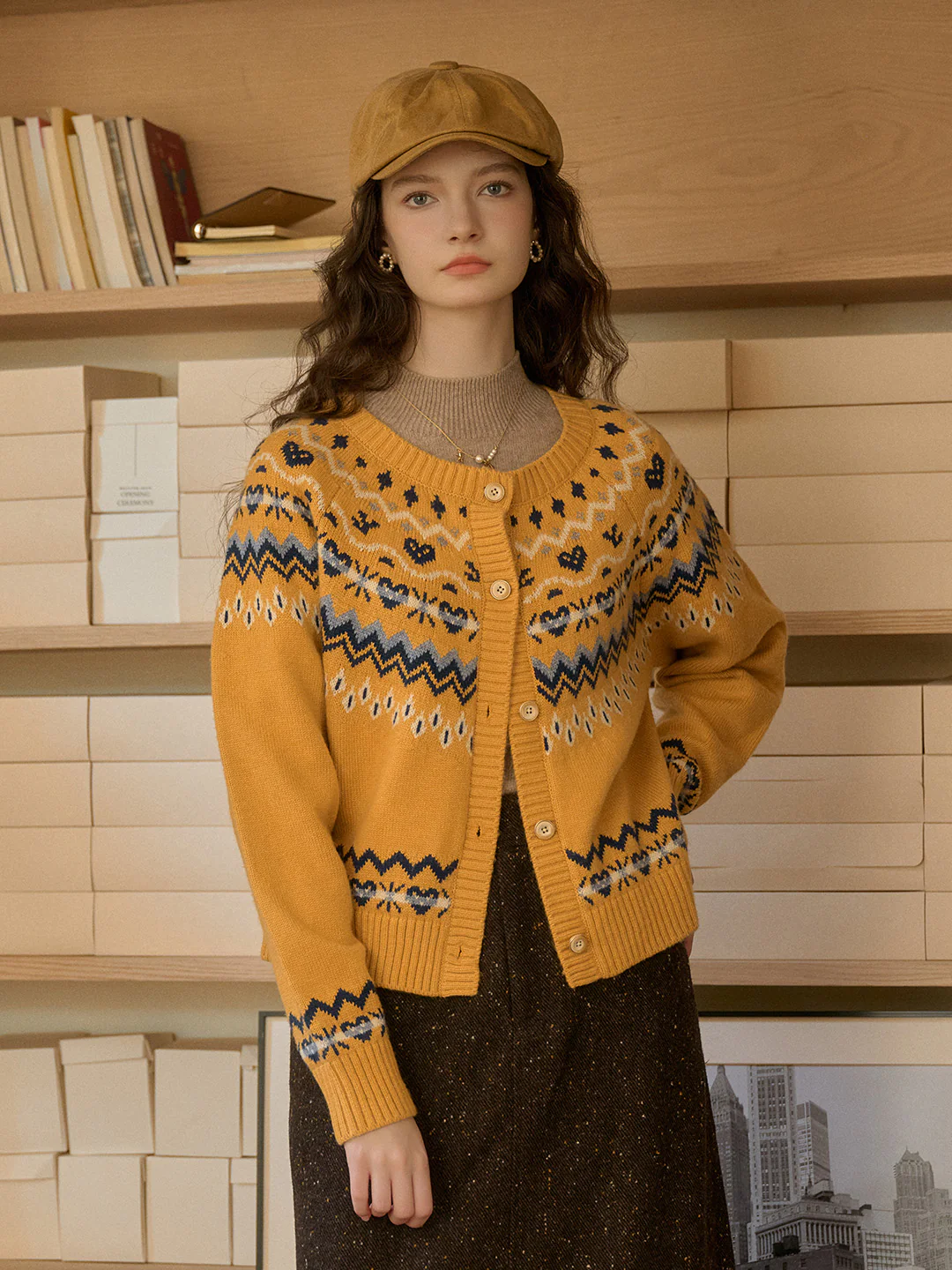 Rib Crew Neck  Exclusive Design Jacquard Fair Isle Cardigan